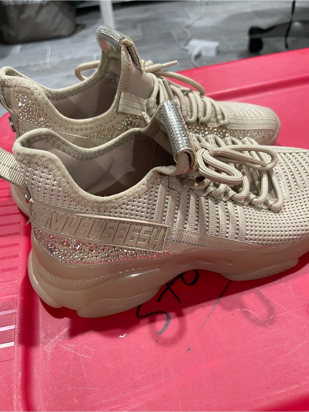 Steve Madden Beige Knit Platform Sneakers with Crystal Embellishments